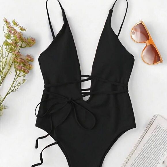 Plunge higg waisted black swim/bathing suit & neon pom pom fringe boho coverup - Picture 2 of 11